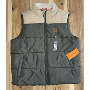 Field & Stream Puffer Vest Mens Olive Green & Tan Size XL Full‎ Zip NWT
